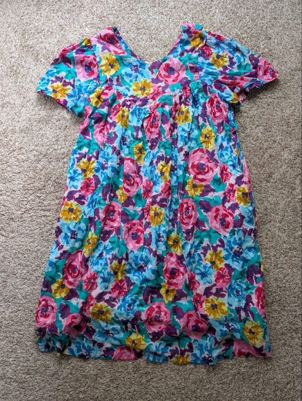 Vtg 80s Bright Floral V-Neck Boho Dress - Cotton Multicolor, Nightie House Dress